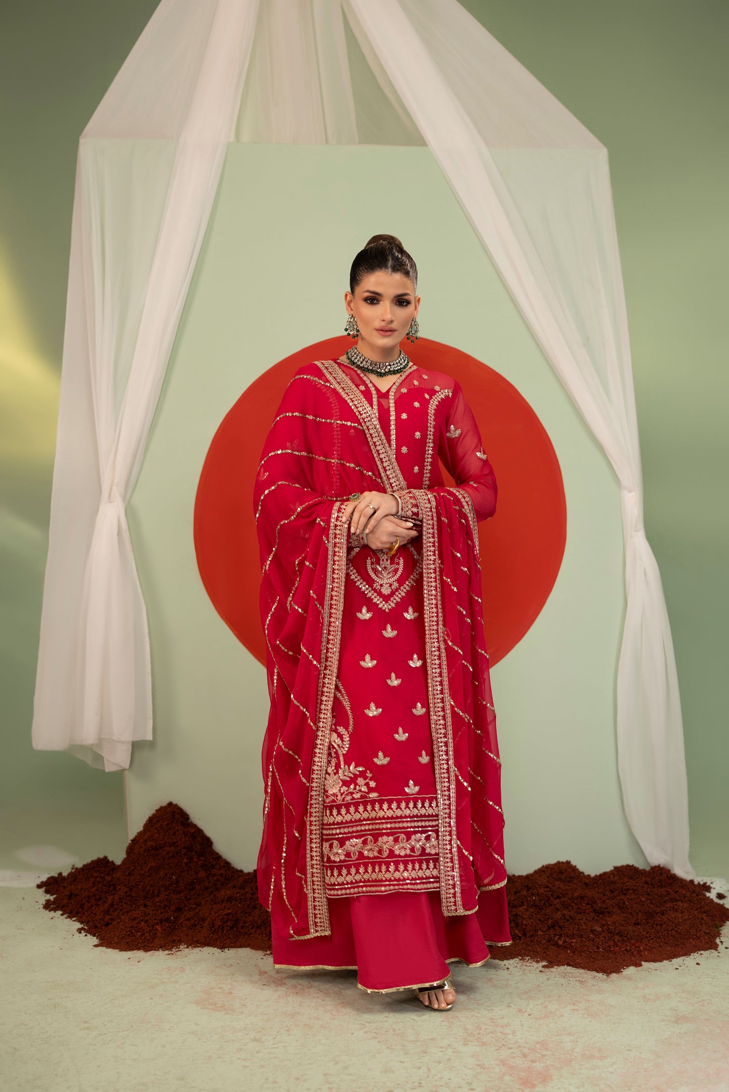 DS-02 Elegant Chiffon 3PC Suit with Embroidered Borders