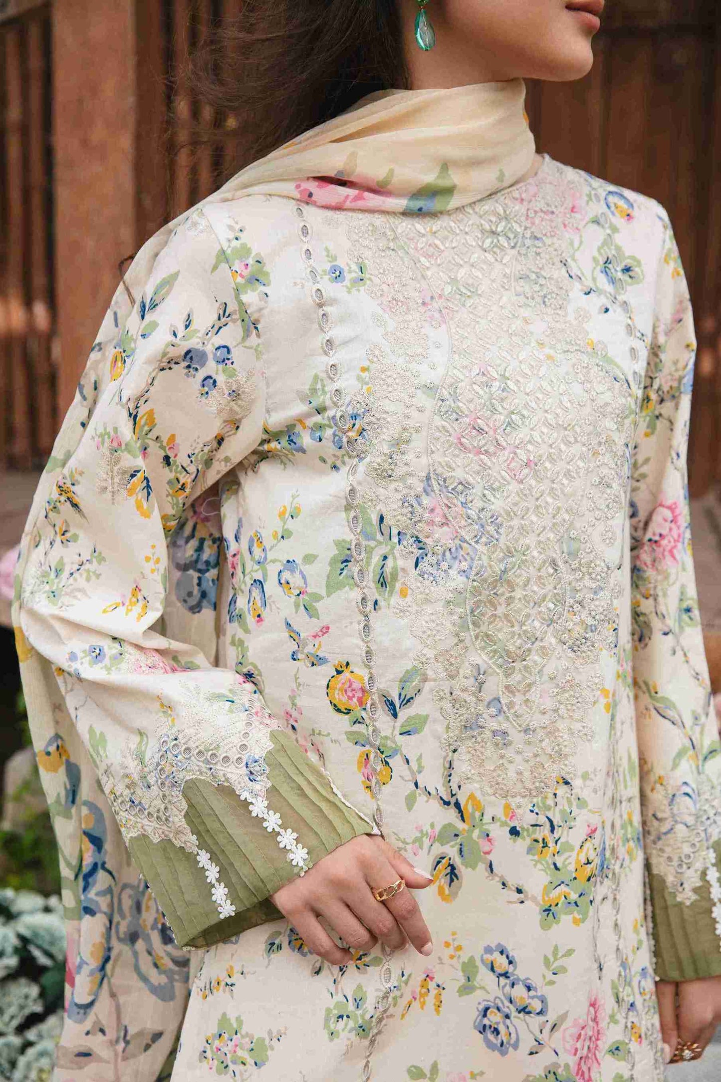 Elegant embroidered lawn shirt with chiffon dupatta and cotton trouser