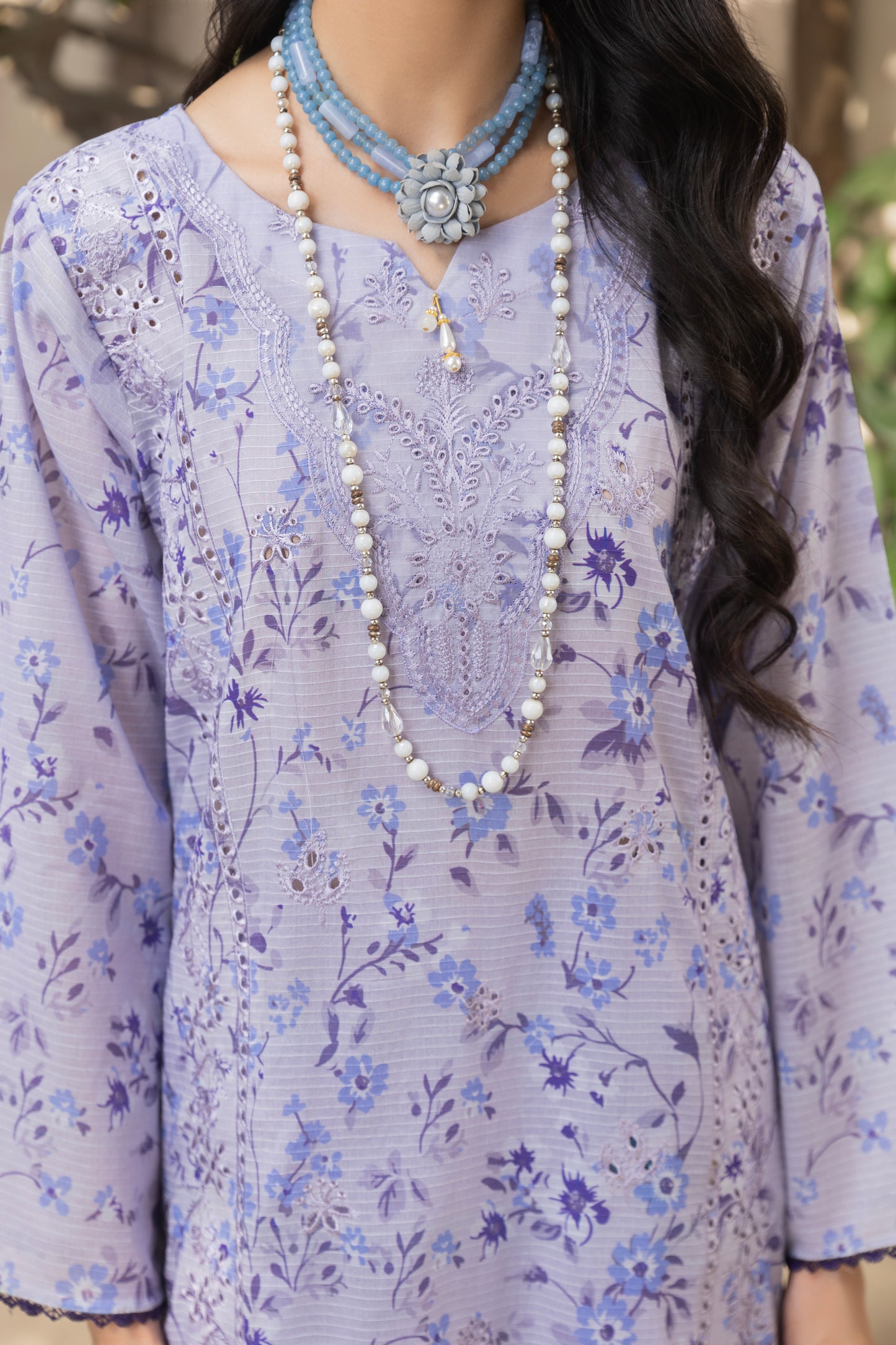 Embroidered self-check lawn shirt with chiffon dupatta and plain cotton trouser