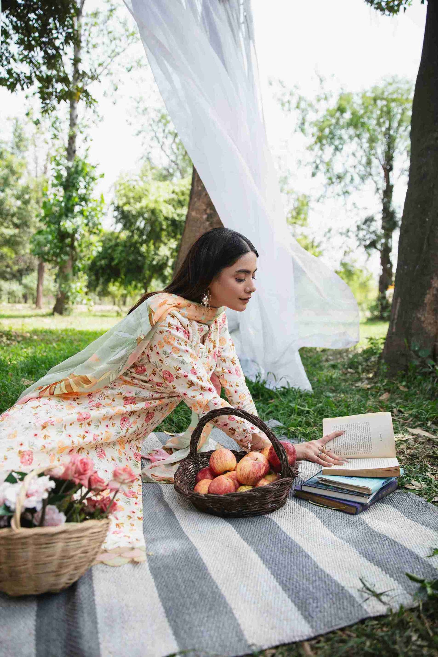 Embroidered lawn suit with printed chiffon dupatta and plain dyed trouser