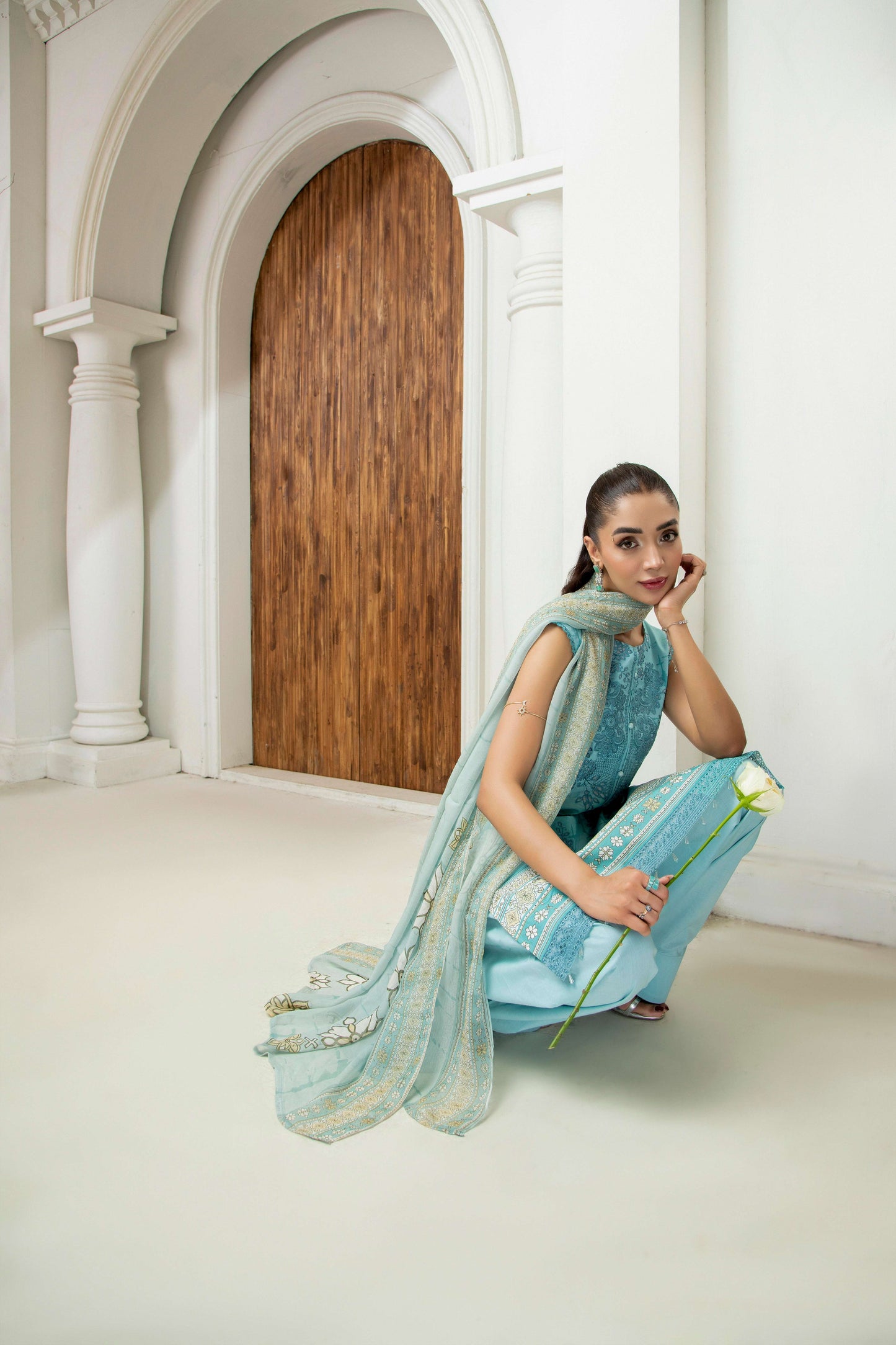 Embroidered three-piece suit with dupatta