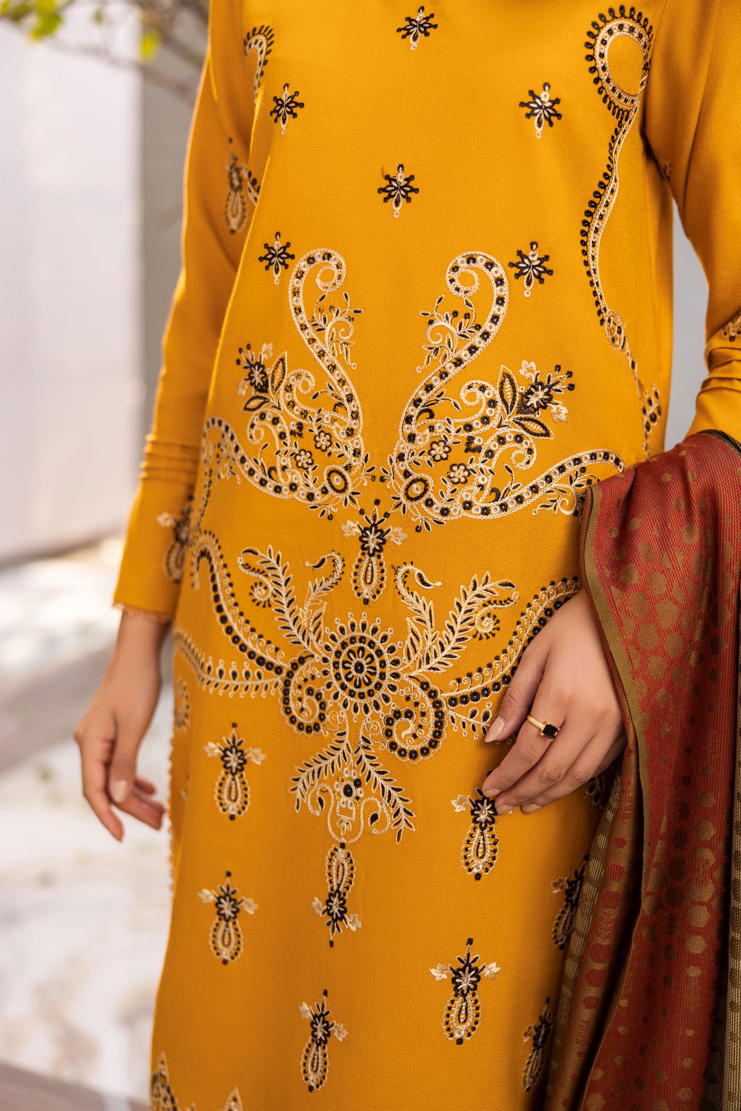 Elegant Dhanak dress featuring organza details and woollen shawl