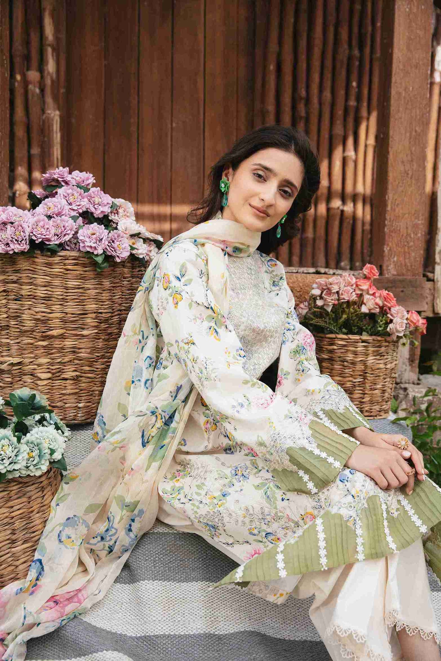 Lawn outfit with embroidery, chiffon dupatta, and cotton plain trouser