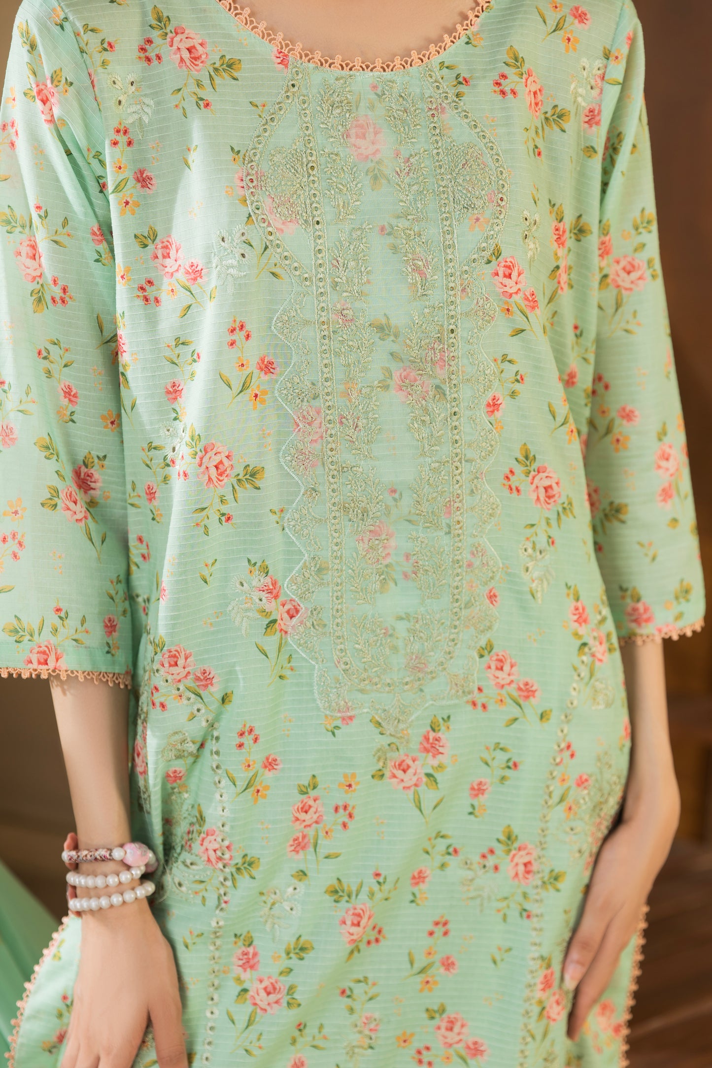 Self-check embroidered lawn shirt with chiffon dupatta and trouser for women