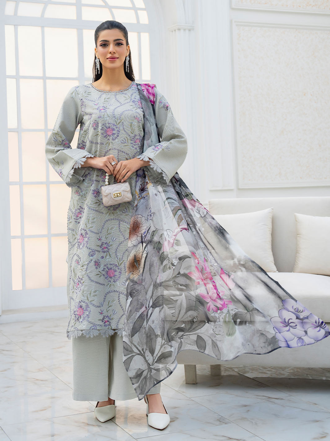 Elegant embroidered lawn shirt, chiffon digitally printed dupatta, plain cotton trouser