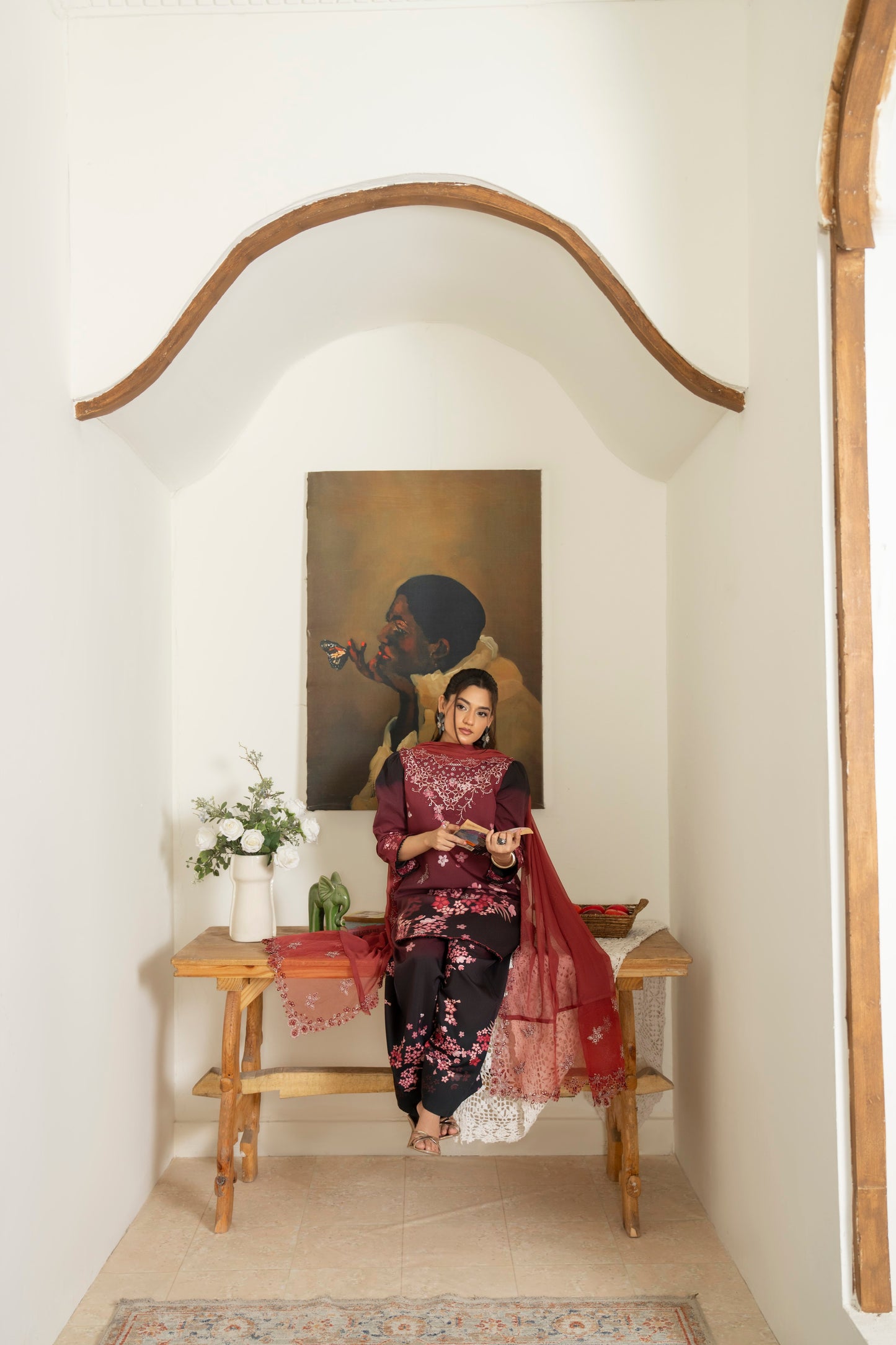 Elegant embroidered viscose winter dress with chiffon dupatta