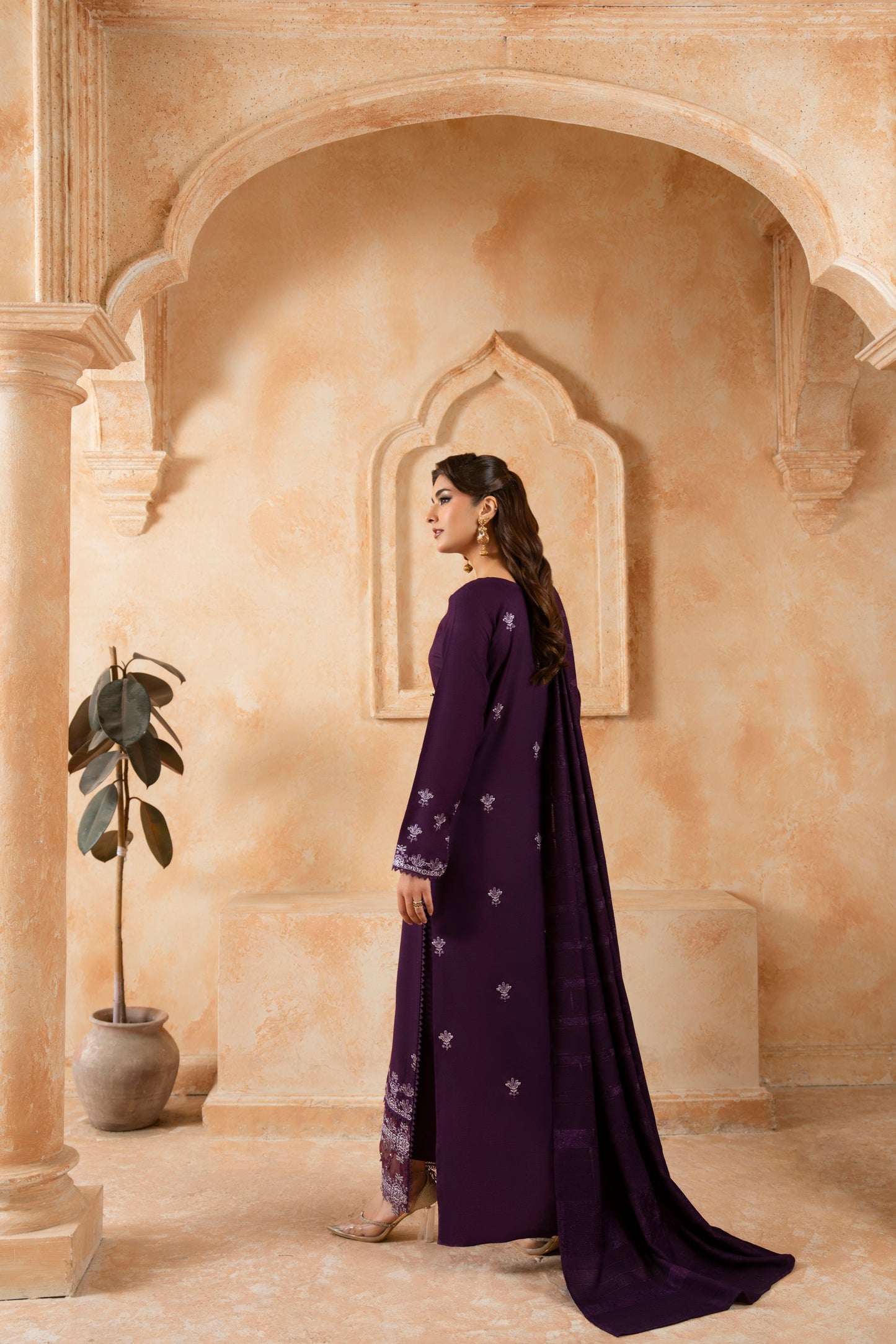 Elegant Winter Dhanak Suit; 3-PC embroidered woolen dress, suitable for all formal winter occasions and parties