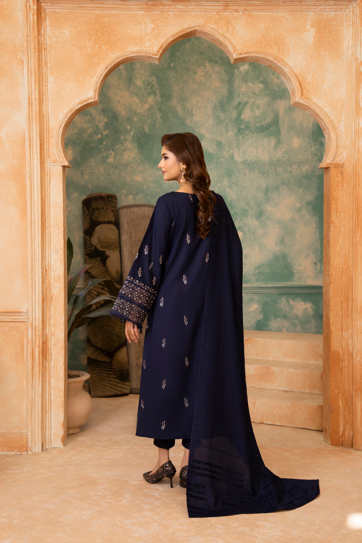 Embroidered Floral Winter Dress; Dhanak 3-PC suit, inspired by wedding fashion and perfect for winter gatherings