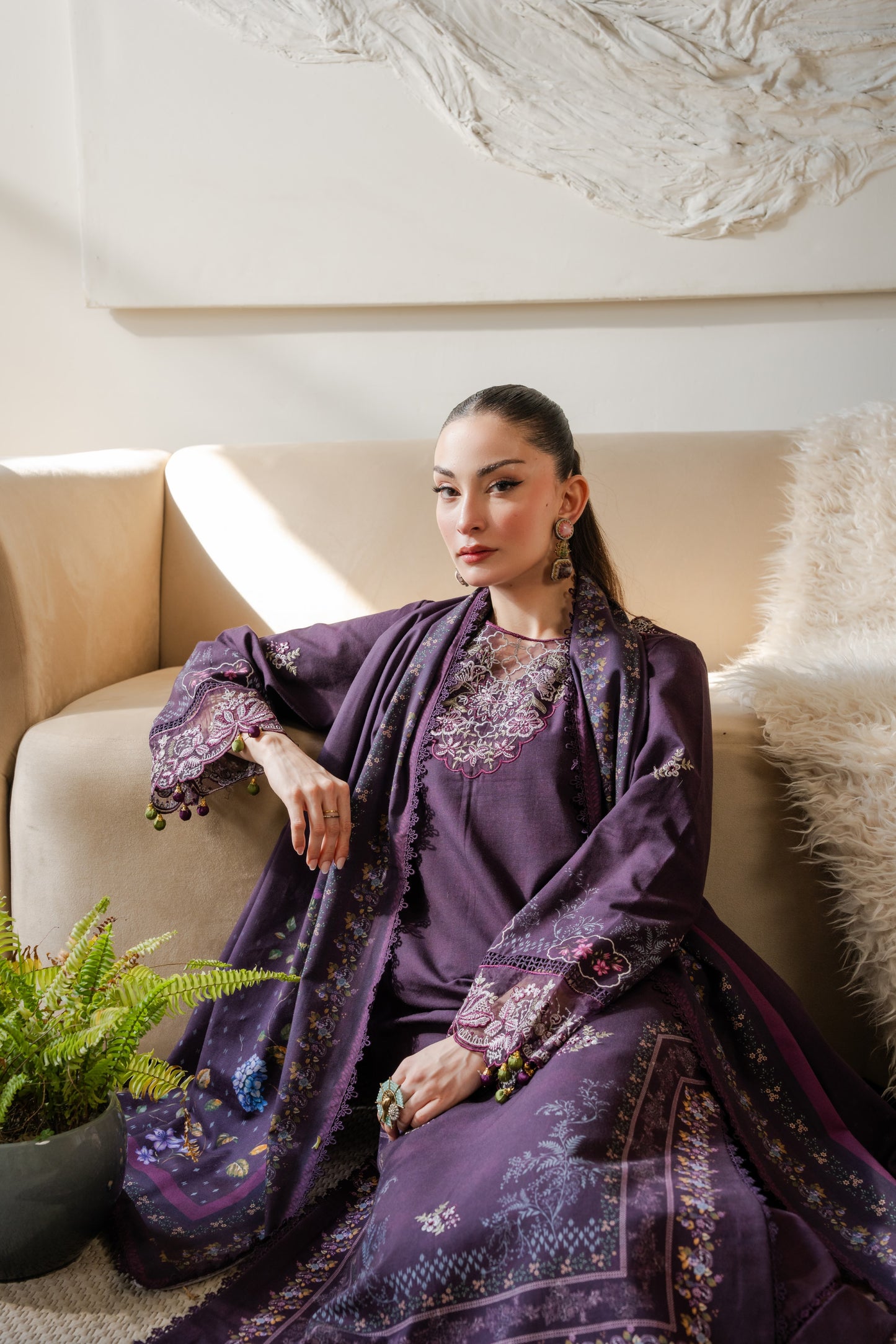 Warm winter outfit featuring detailed organza neckline embroidery.