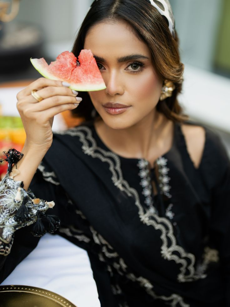 Embroidered dress with motifs, organza patch, and cotton embroidered dupatta