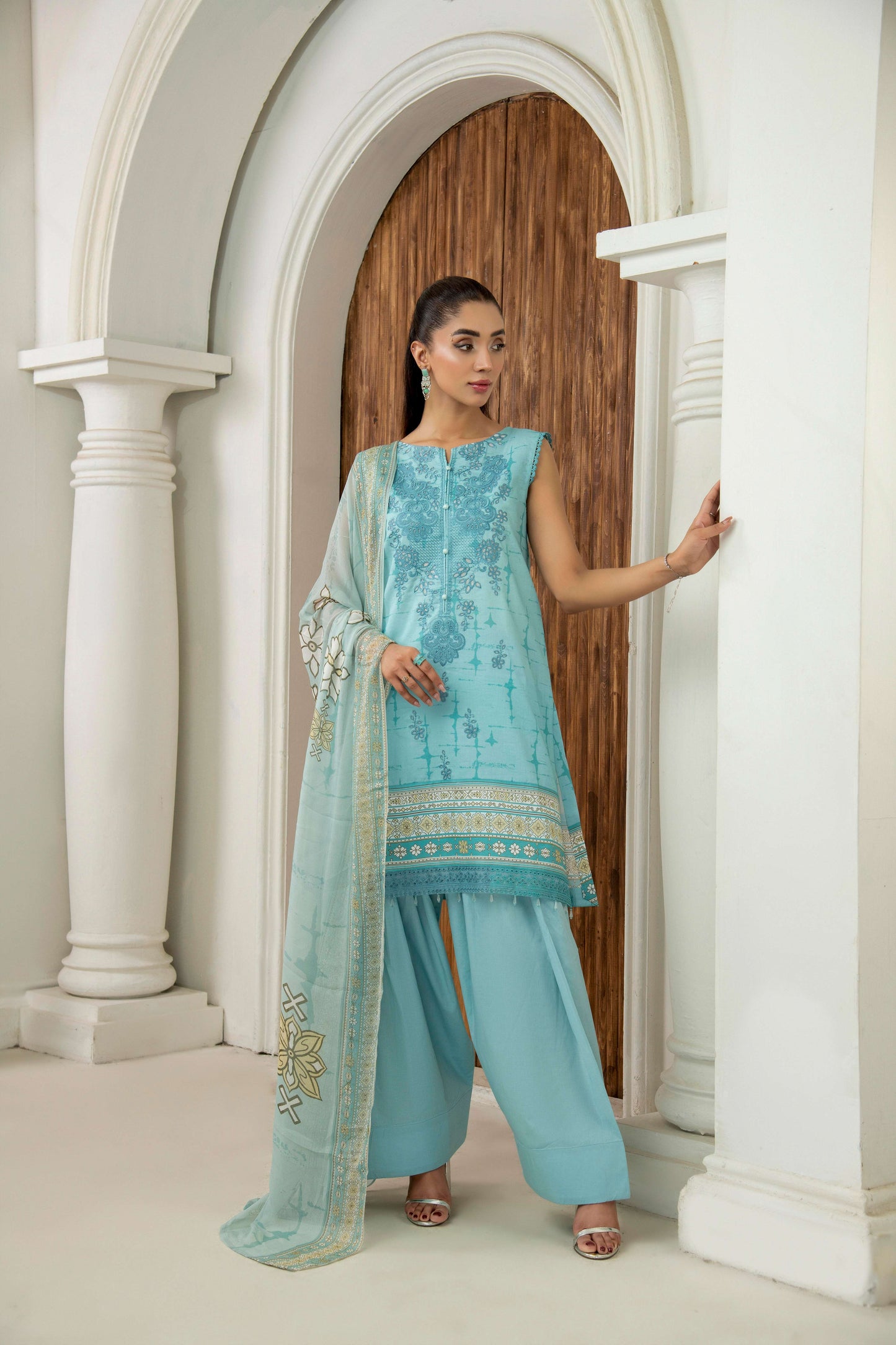 Stitched embroidered shirt with lawn trouser