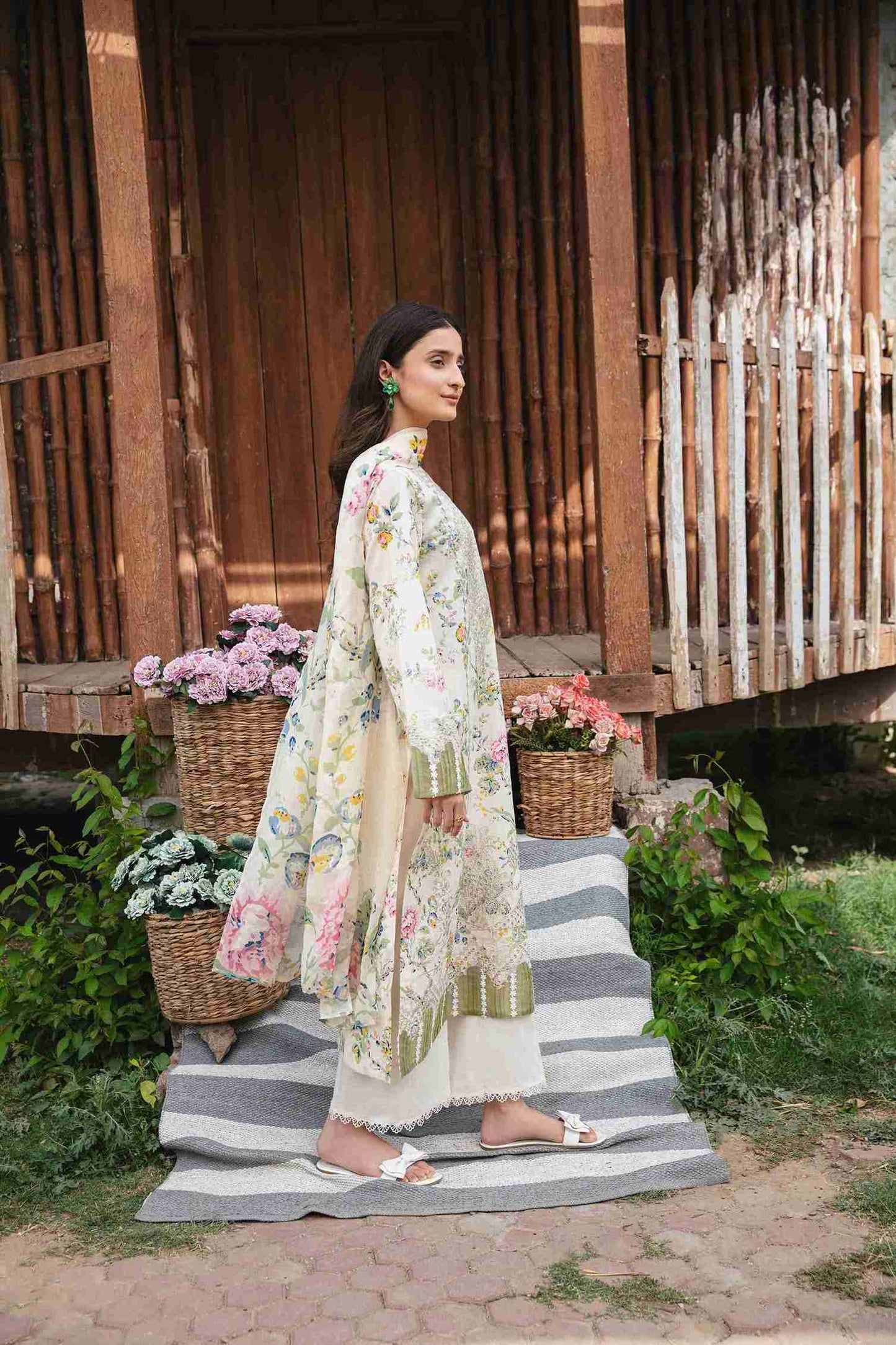 Embroidered lawn shirt with chiffon dupatta and matching plain dyed trouser