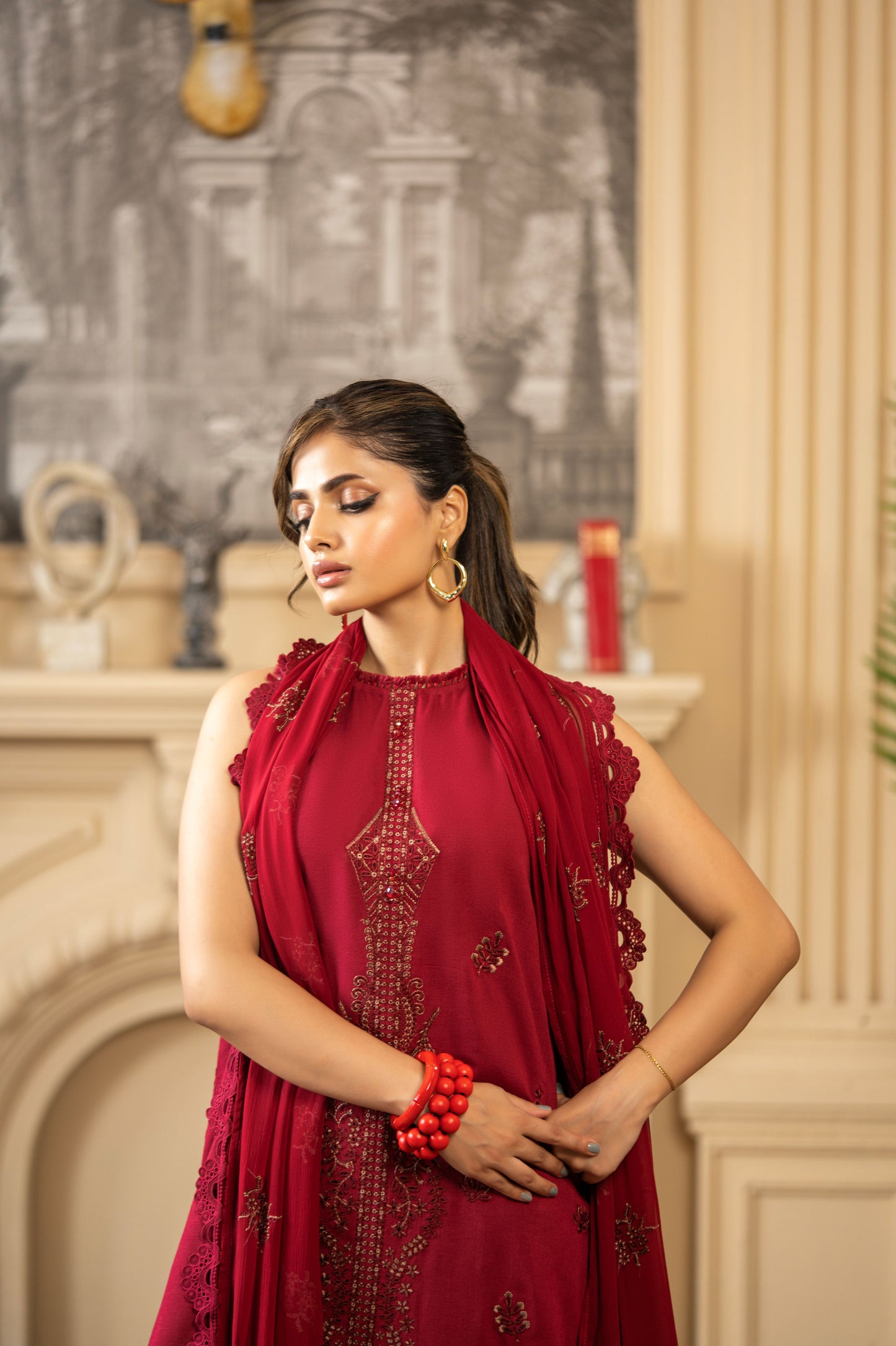 Pakistani unstitched outfit with embroidery for festive occasions