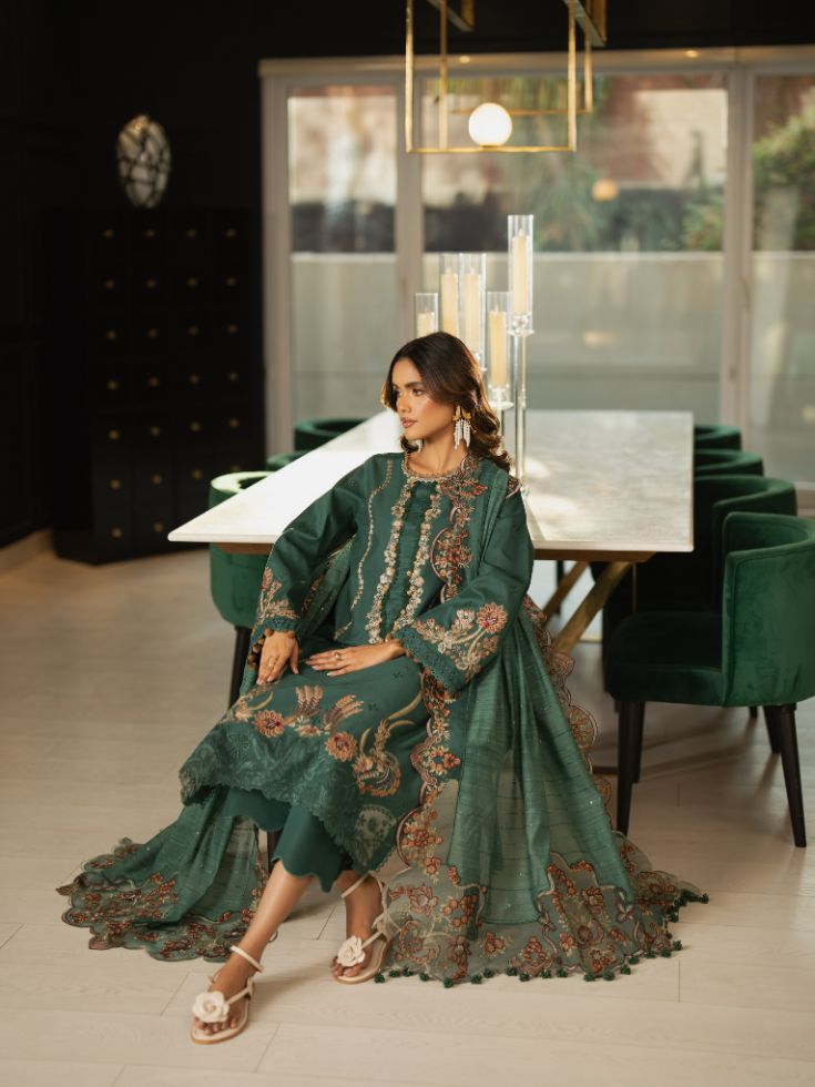Designer green lawn suit with cotton trouser, organza patch, motifs, and stylish dupatta