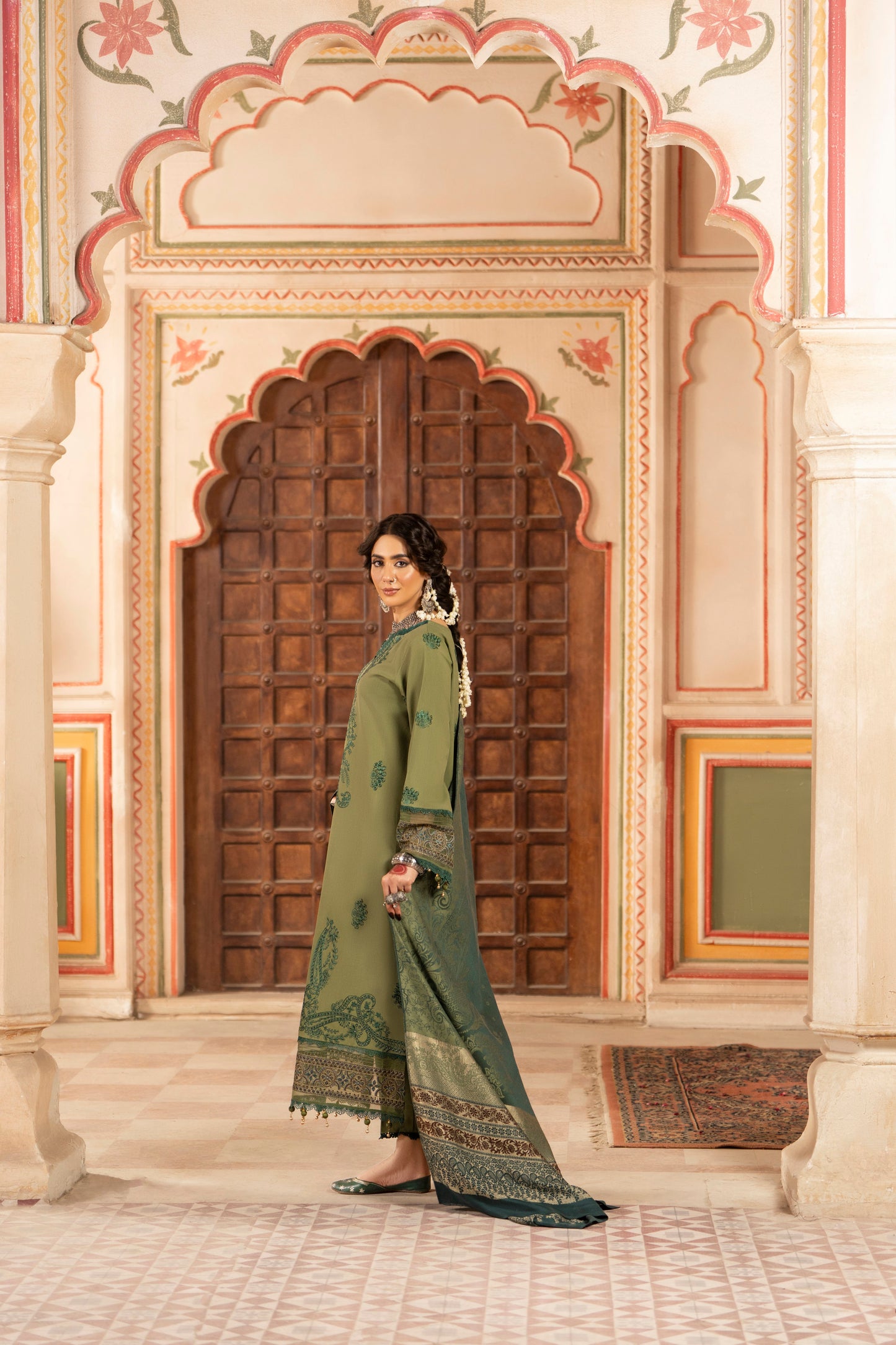 Embroidered 3PC winter suit featuring high-quality jacquard wool shawl.
