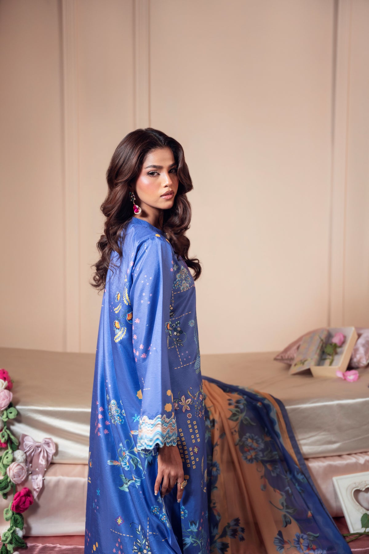 Pakistani 3PC unstitched suit featuring premium raw silk fabric for the shirt and trousers with a soft chiffon dupatta, offering a versatile Eastern outfit for weddings, Eid, parties, and formal gatherings
