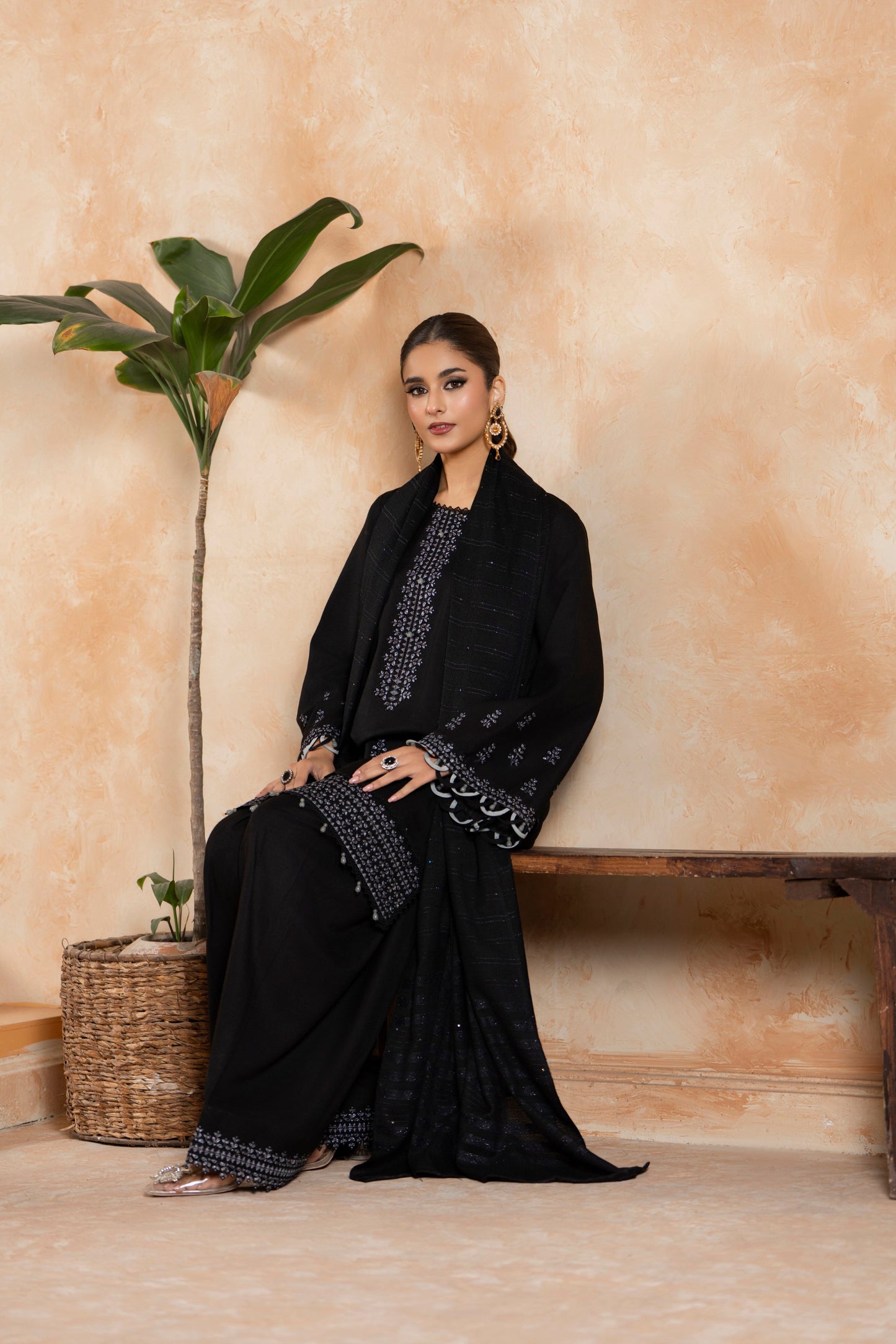 Elegant Pakistani Winter Dress; a 3-PC woolen dhanak suit ideal for graduations, parties, and casual wear