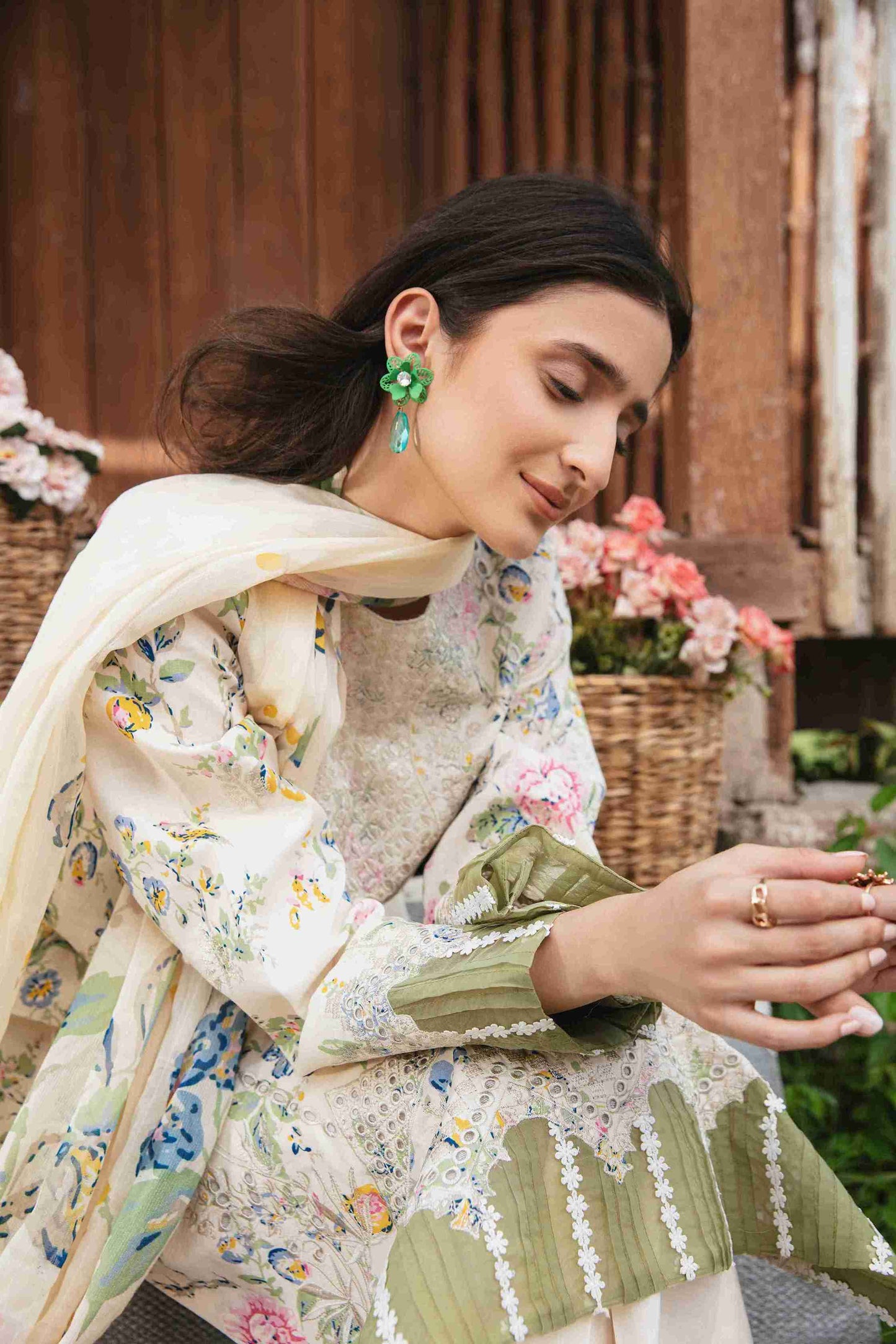 Embroidered lawn kurta with chiffon dupatta and plain dyed cotton trouser