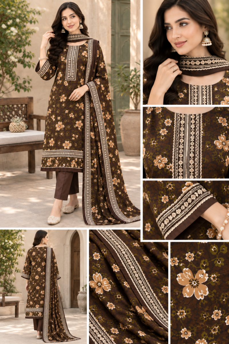 Printed linen suit for gatherings with a floral pattern and graceful border dupatta