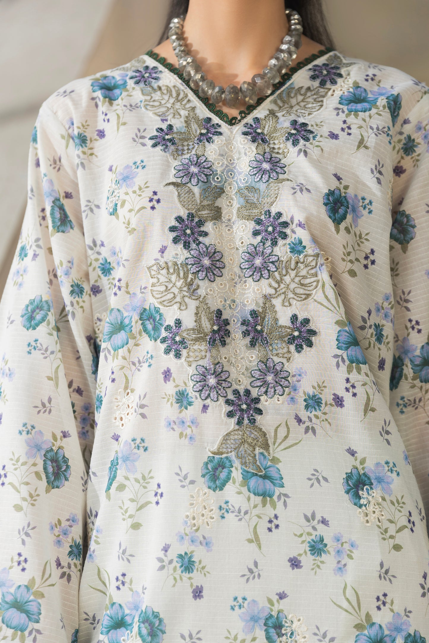 Lawn shirt with embroidery, chiffon dupatta, and plain cotton trouser for women