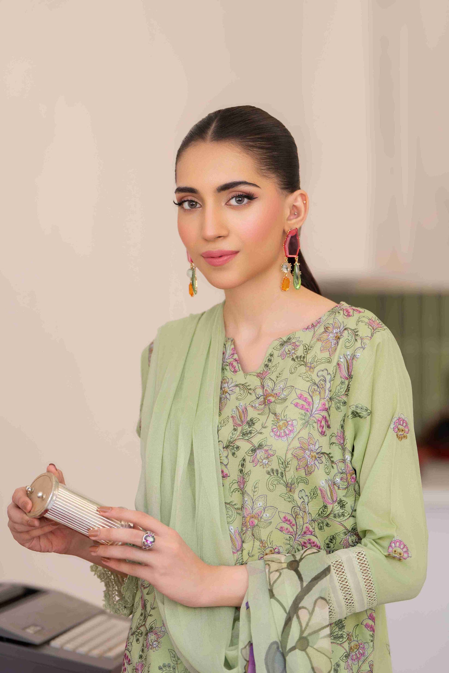 Unstitched embroidered lawn suit with chiffon dupatta and cotton trouser fabric for women