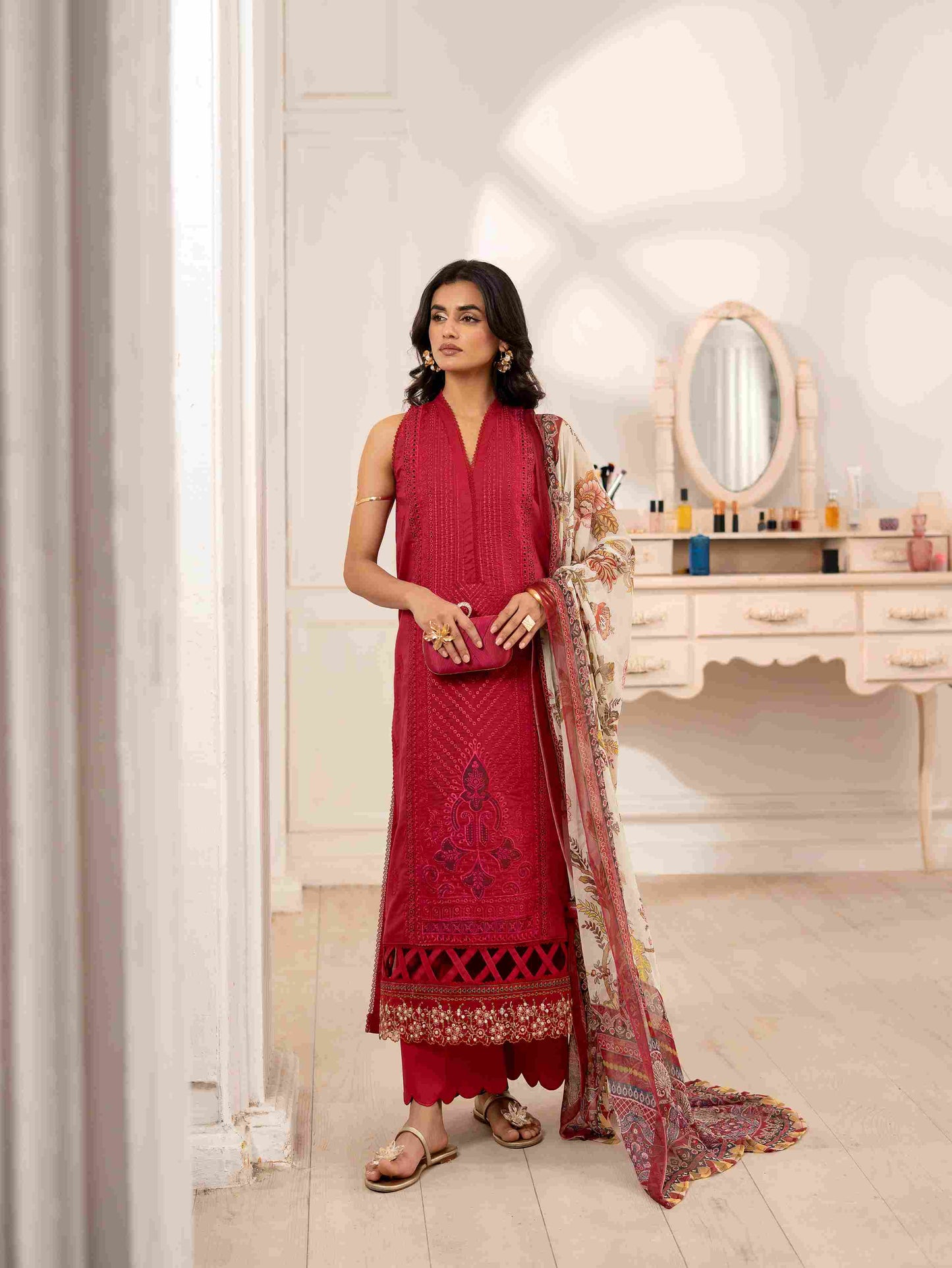 Summer embroidered lawn shirt with colorful chiffon dupatta design