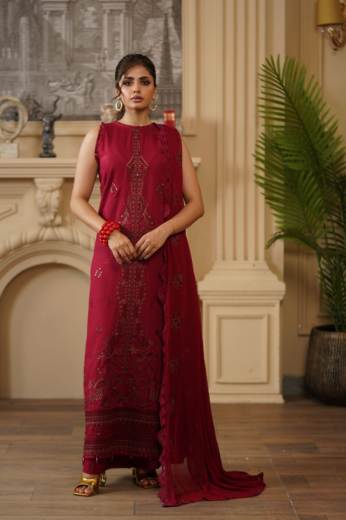 Unstitched karandi suit blending heritage embroidery with trendy design
