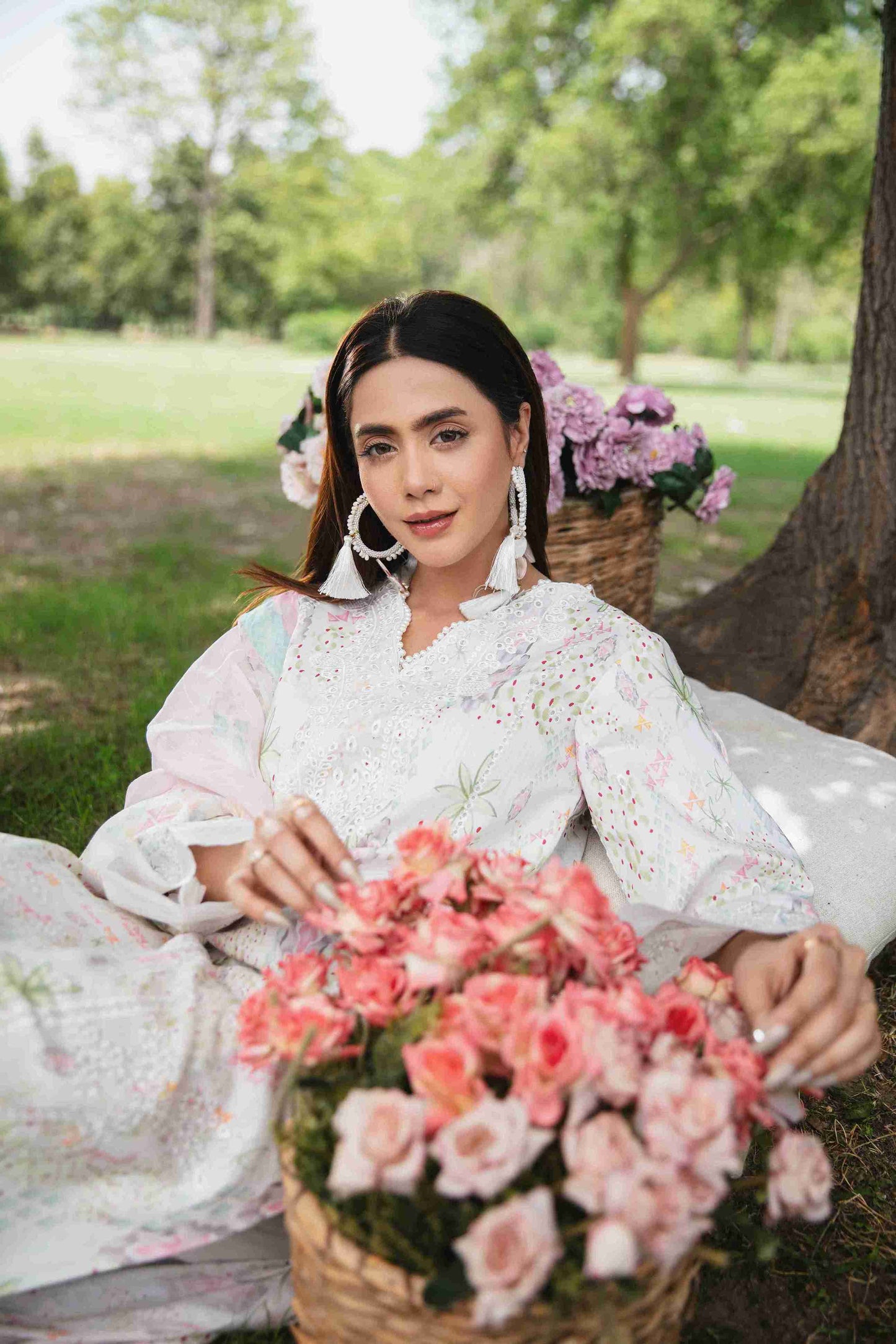 Embroidered lawn shirt paired with chiffon dupatta and cotton trouser