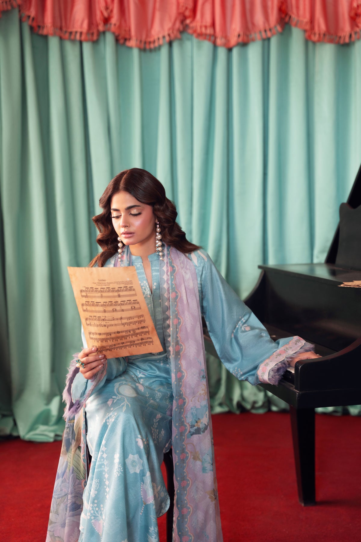 Unstitched 3PC silk suit for women featuring premium raw silk shirt and trousers with a soft chiffon dupatta, offering versatile styling for Eid, weddings, parties, and formal gatherings