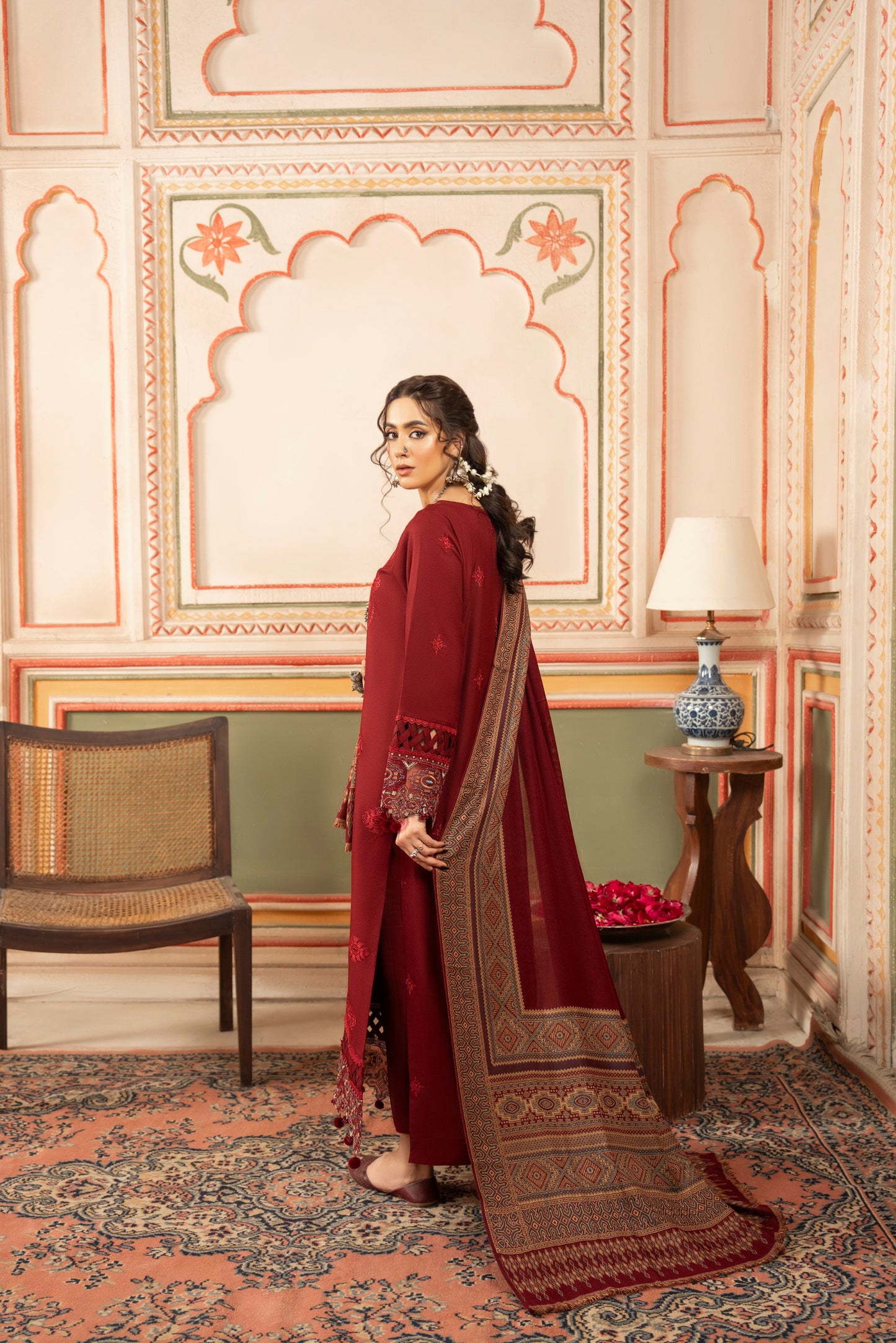 Premium 3PC embroidered Dhanak outfit with jacquard wool shawl and plain trouser, combining comfort and grace.