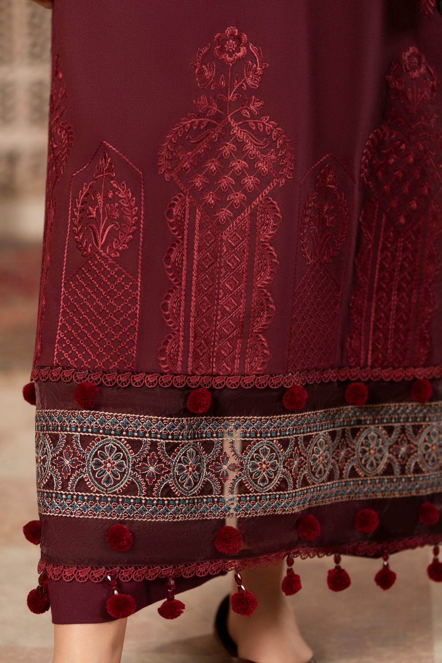 Soft jacquard wool shawl with embroidered winter Dhanak shirt and trouser.