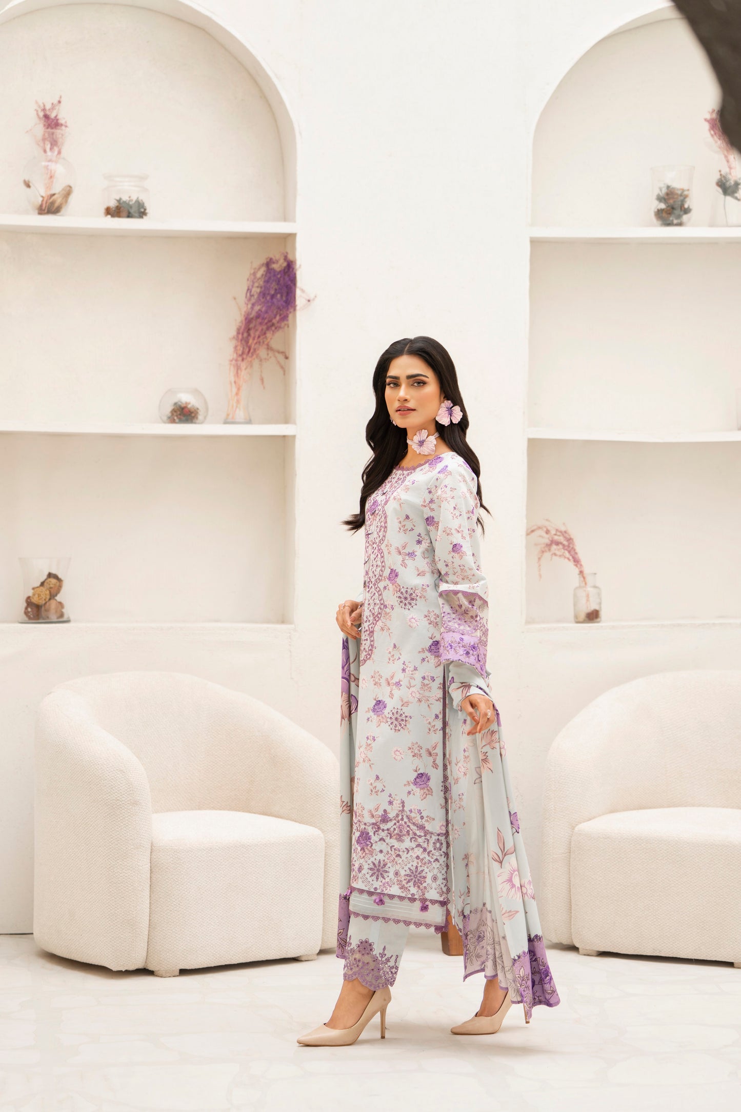 Warm printed khaddar dress with elegant embroidery
