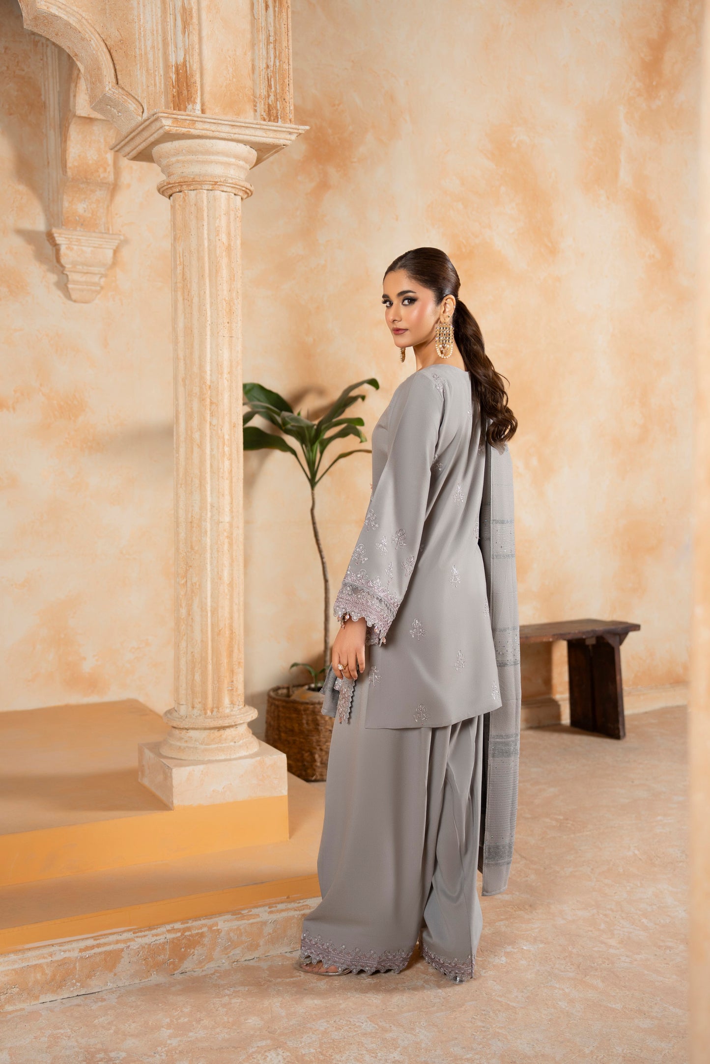 Woolen Winter Party Outfit; Dhanak 3-PC embroidered suit, blending modern style with the timeless appeal of eastern wear
