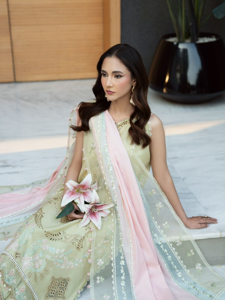 Elegant yellow summer lawn dress with embroidery, motifs, organza patch, and dupatta