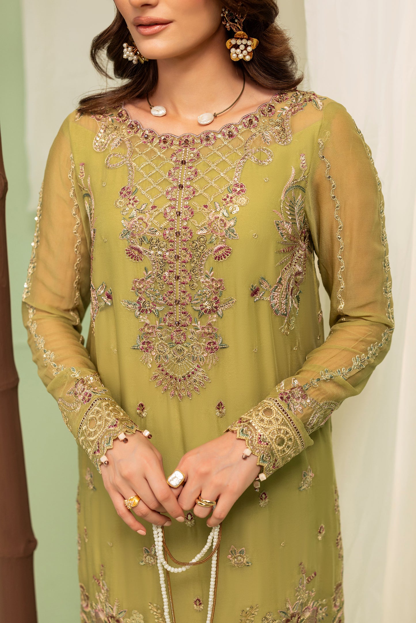 DS-03 Classic Chiffon 3PC Suit with Embroidered Front & Sleeves