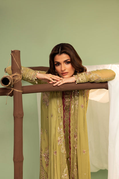 DS-03 Classic Chiffon 3PC Suit with Embroidered Front & Sleeves