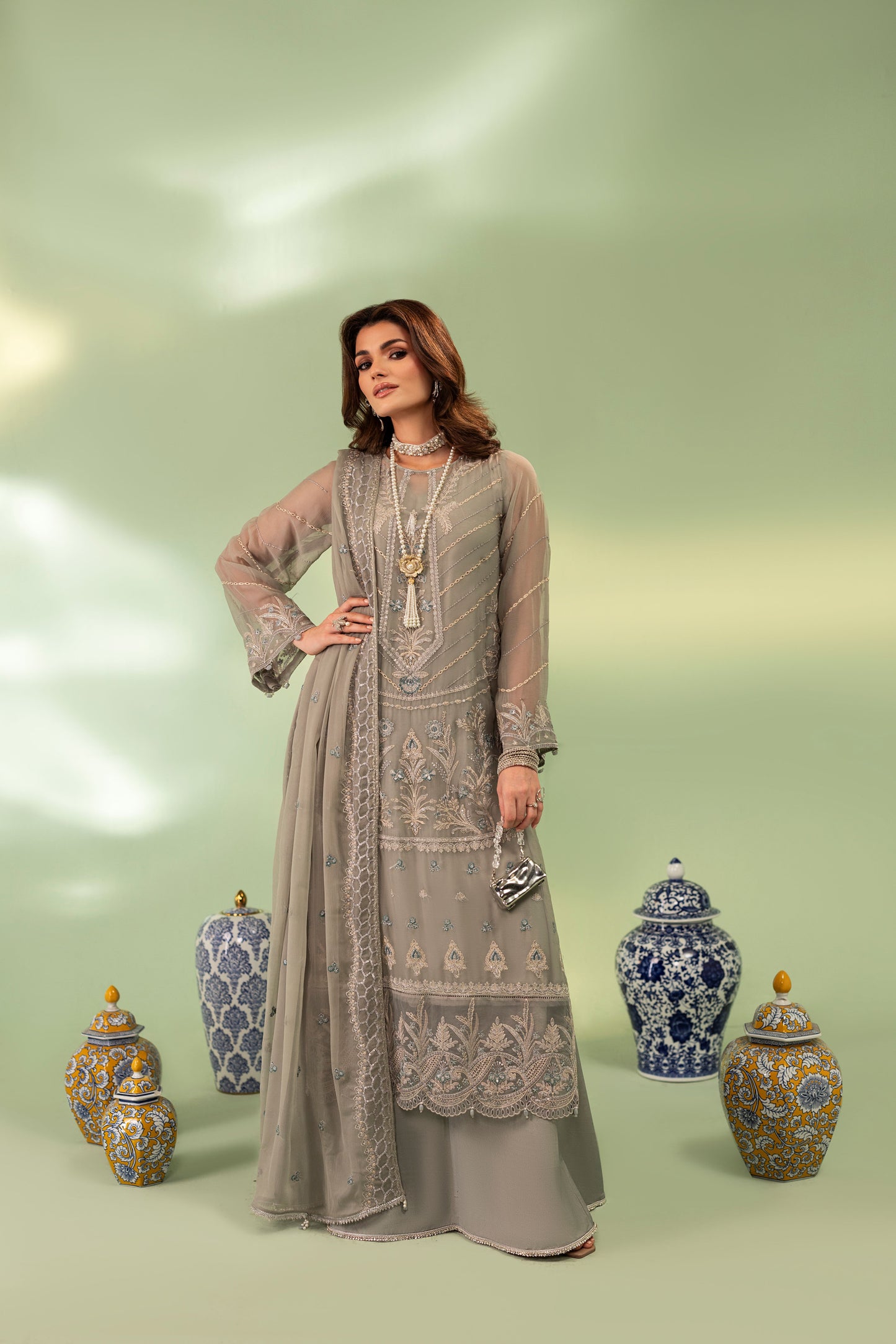 DS-04 Winter Chiffon 3PC Suit with Raw Silk Inner & Trouser