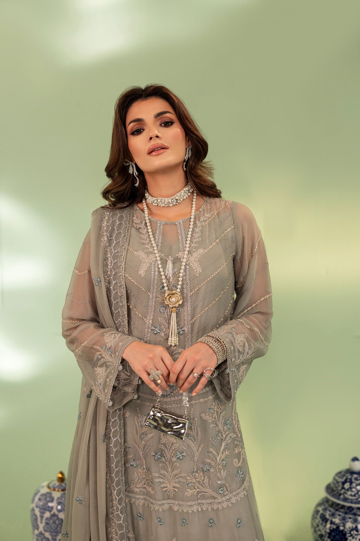 DS-04 Winter Chiffon 3PC Suit with Raw Silk Inner & Trouser