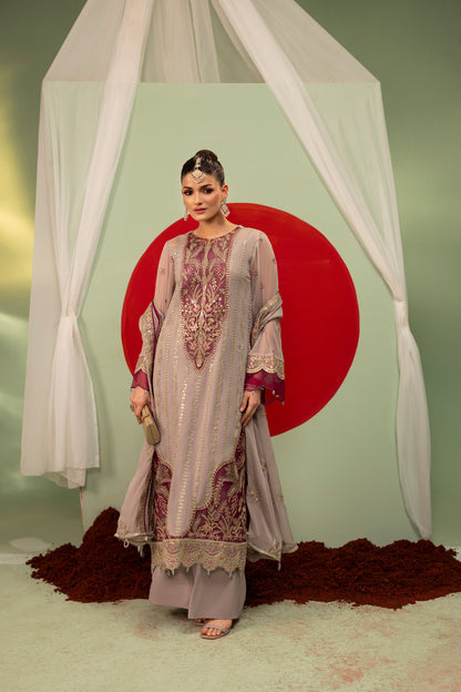 DS-10 Chiffon 3PC Suit with Embroidered Neckline & Daman