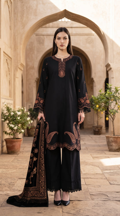 3PC Embroidered Dhanak Suit | DC - 03