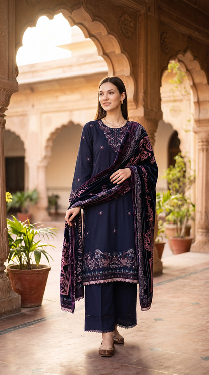 3PC Embroidered Dhanak Suit | DC - 04