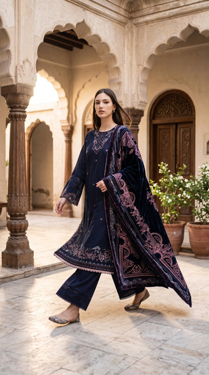 3PC Embroidered Dhanak Suit | DC - 04