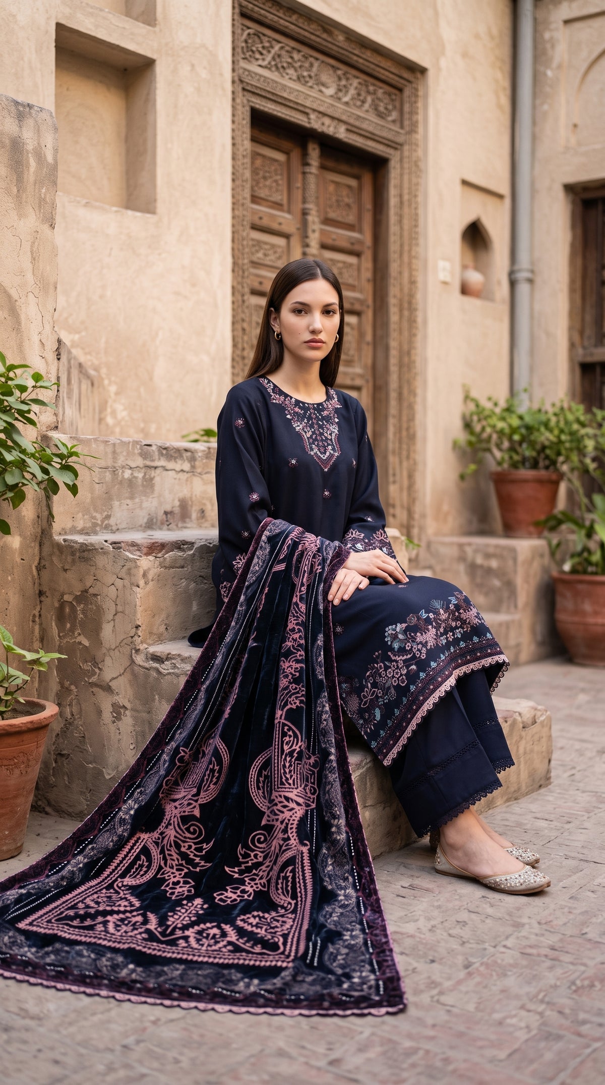 3PC Embroidered Dhanak Suit | DC - 04
