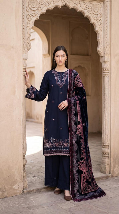 3PC Embroidered Dhanak Suit | DC - 04