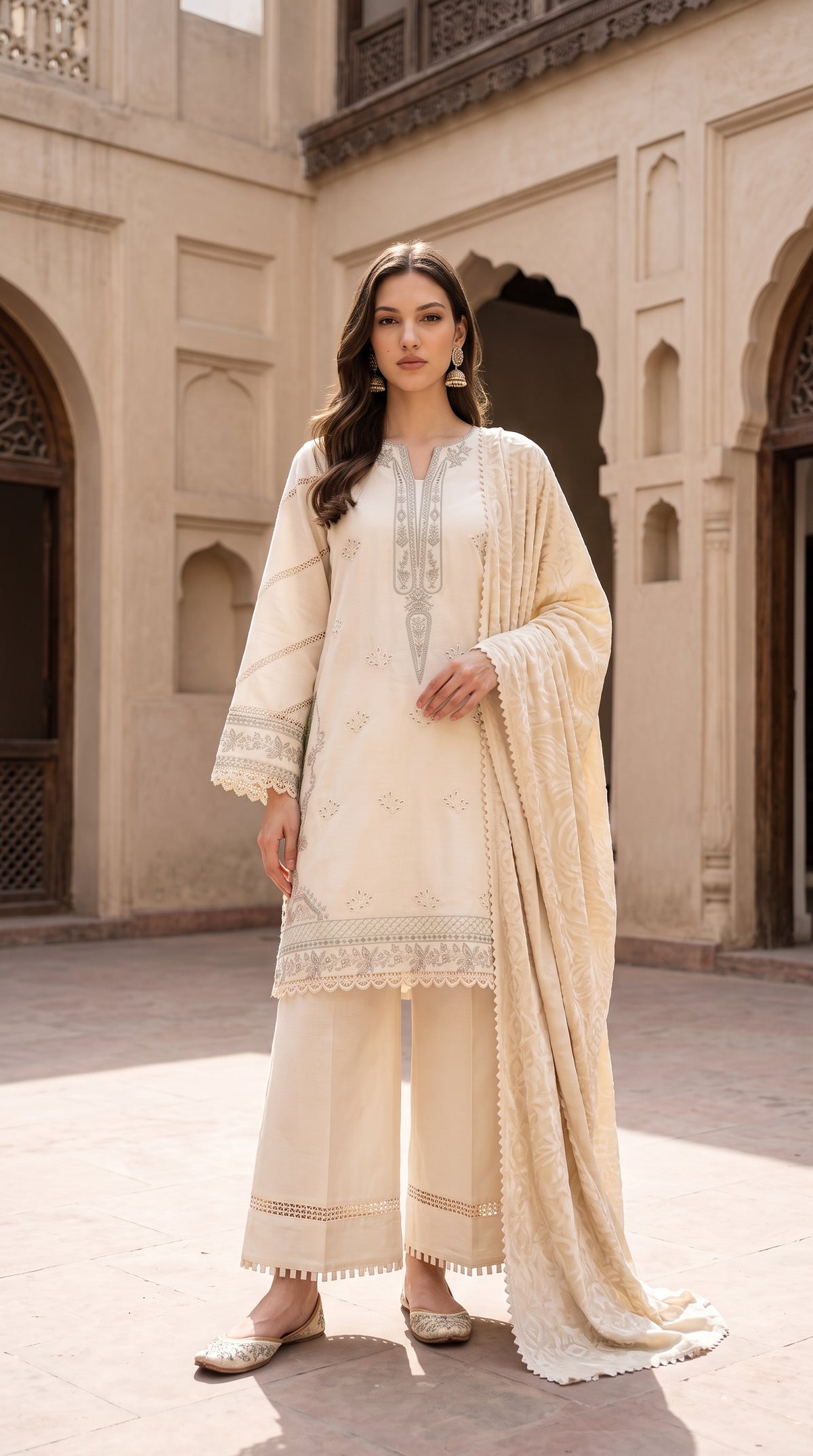 3PC Embroidered Dhanak Suit | DC - 05