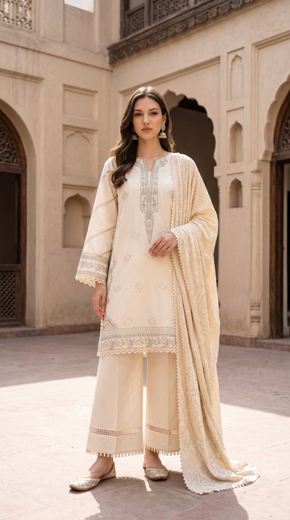 3PC Embroidered Dhanak Suit | DC - 05