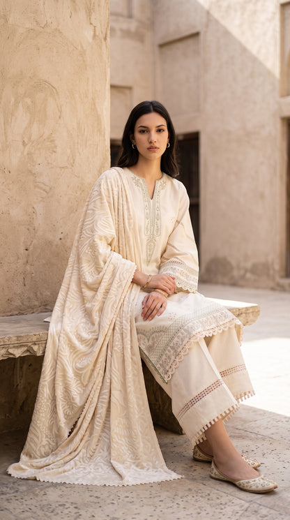 3PC Embroidered Dhanak Suit | DC - 05