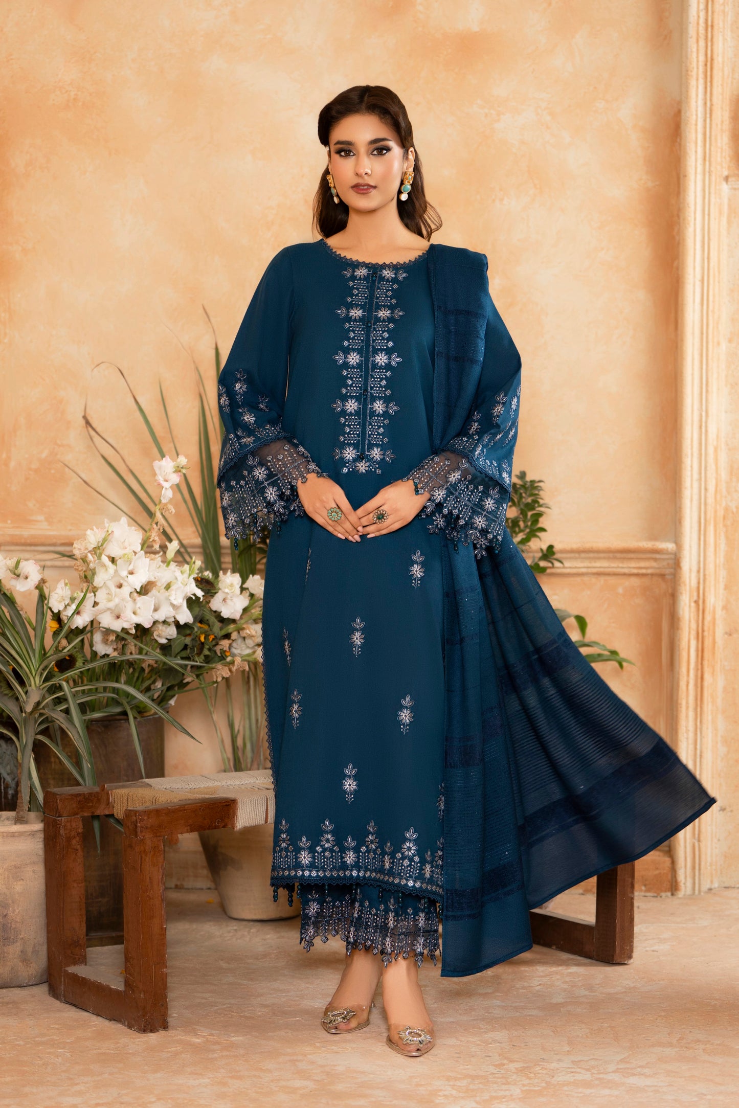 3-PC Dhanak Winter Formal; embroidered woolen suit with a fancy shawl, enhancing the elegant eastern wear charm