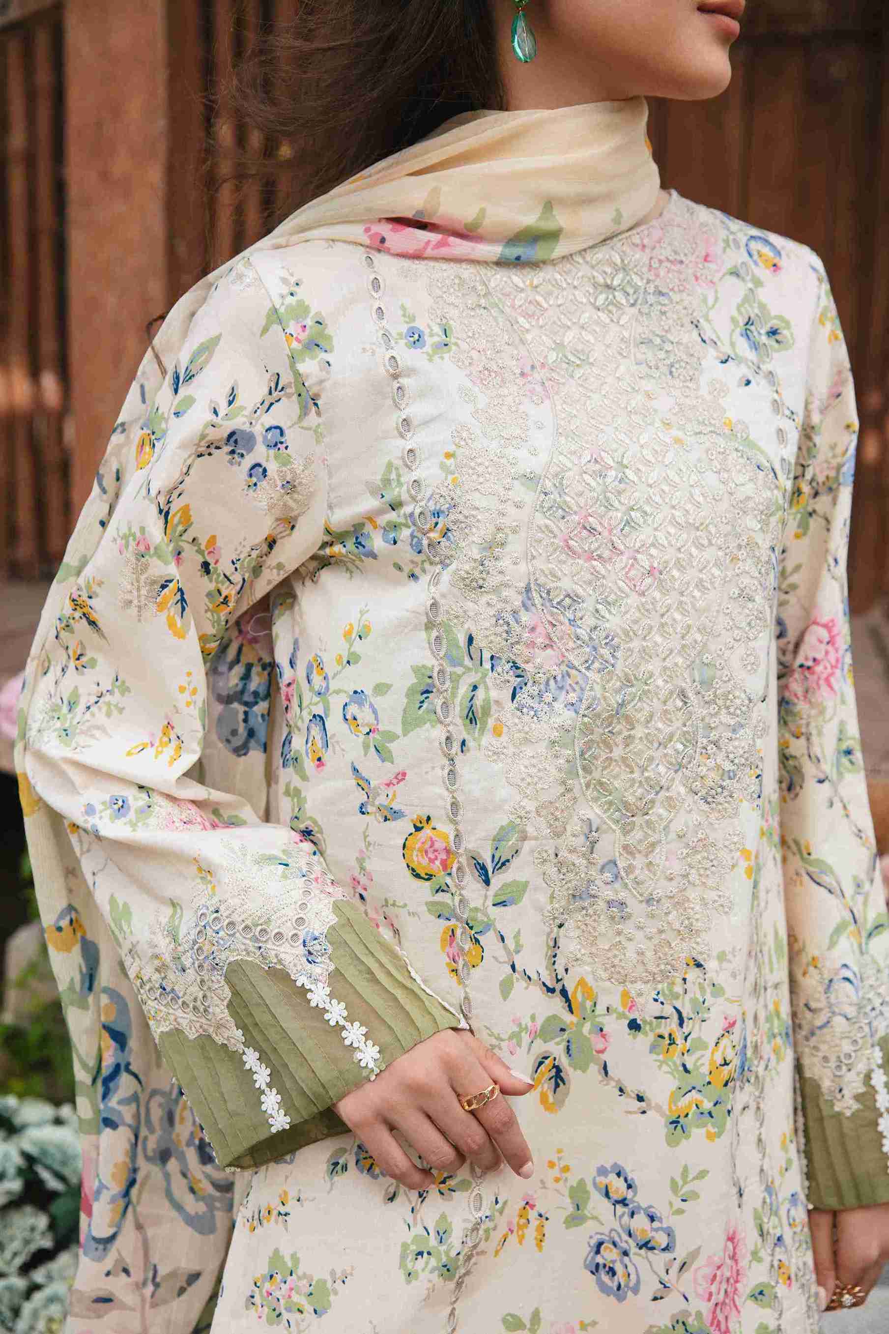 Elegant embroidered lawn shirt with chiffon dupatta and cotton trouser