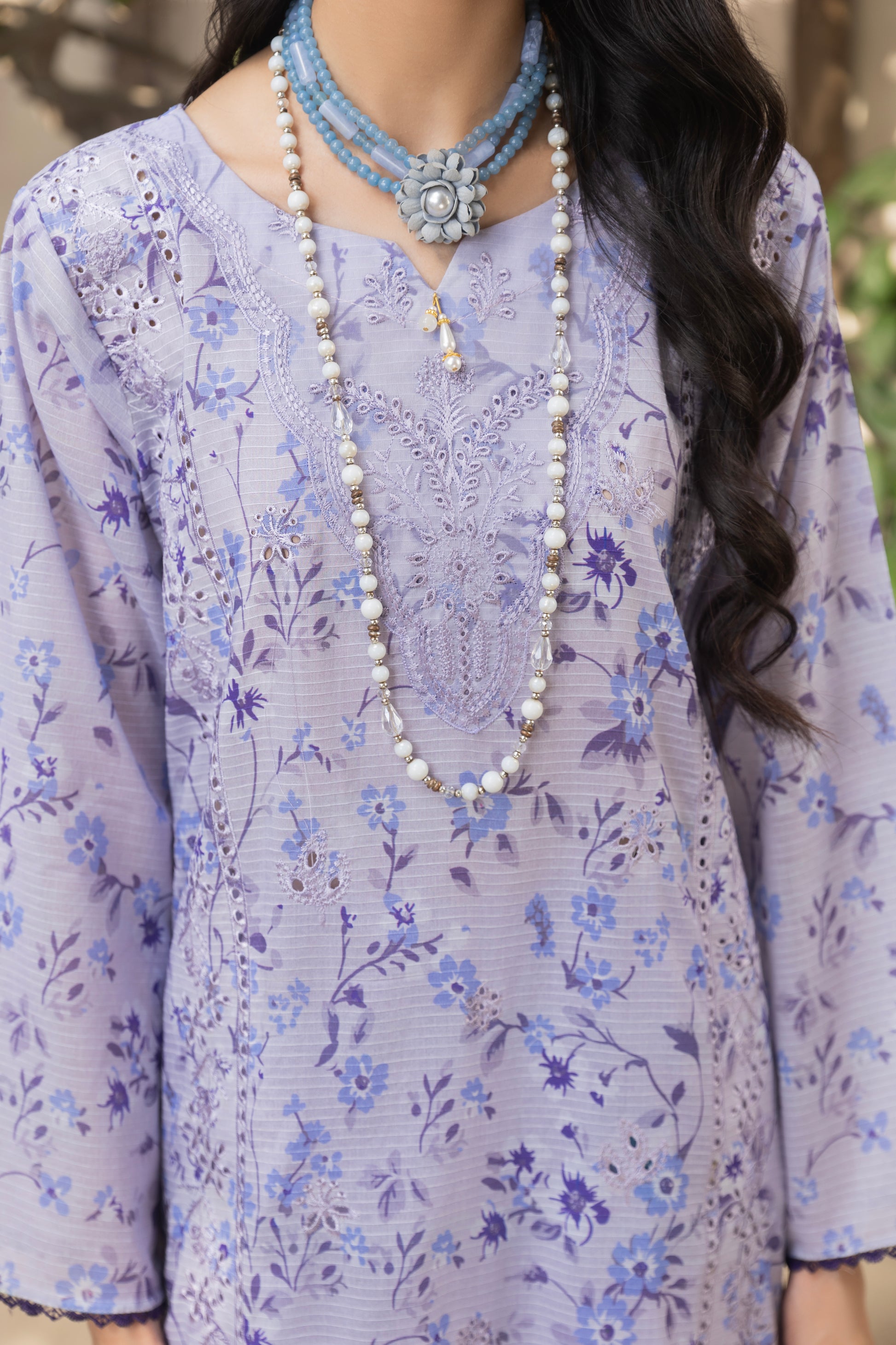Embroidered self-check lawn shirt with chiffon dupatta and plain cotton trouser